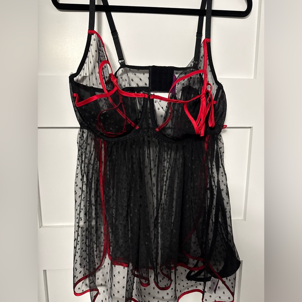 Sheer Black Polka Dot Babydoll with Red Trim 2x open bust NWT